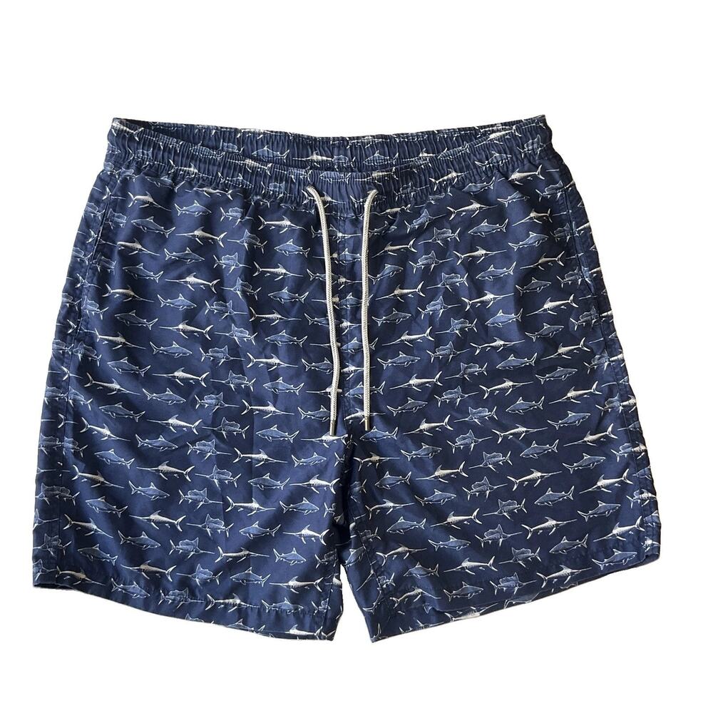 Kirkland Signature Men Swimwear MEDIUM Navy Swim Trunks Animal Print Shark Lined